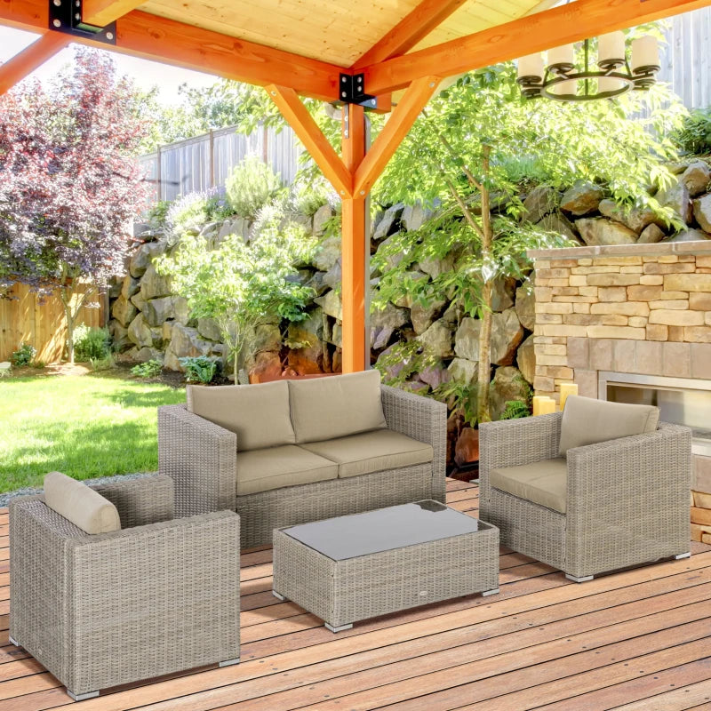 Outsunny Set 4 Pz Salotto da Esterni in Rattan con 1 Divano, 2 Poltrone e 1 Tavolino, Kaki e Beige