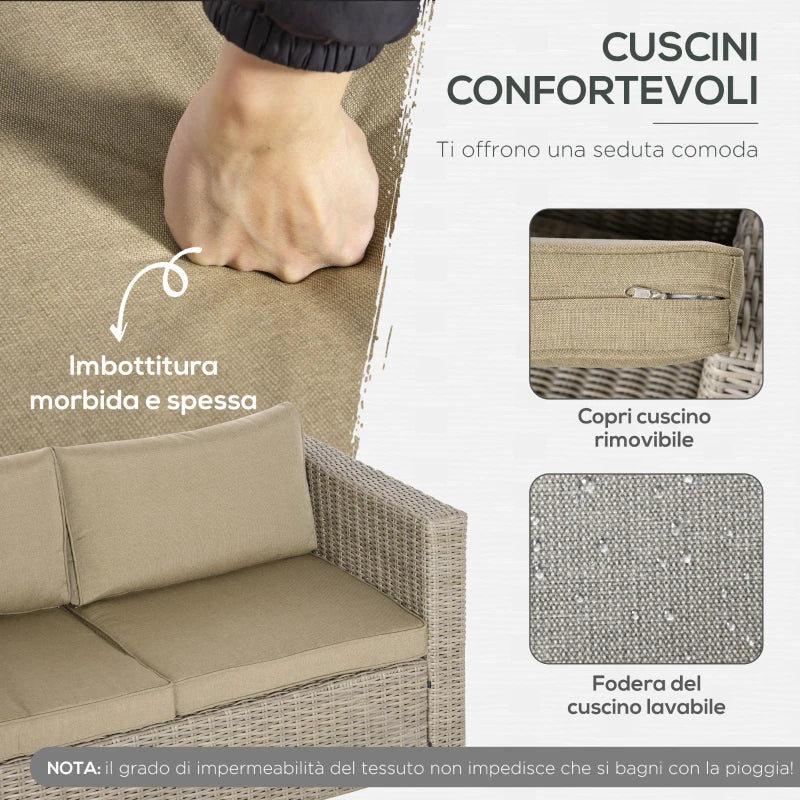Outsunny Set 4 Pz Salotto da Esterni in Rattan con 1 Divano, 2 Poltrone e 1 Tavolino, Kaki e Beige