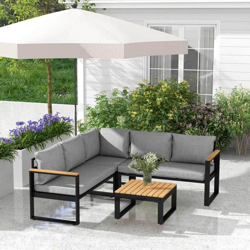 Outsunny Salotto da Giardino con 2 Divanetti, Seduta Angolare e Tavolino con Piano a Doghe, Grigio