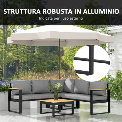 Outsunny Salotto da Giardino con Divano da Esterno, 2 Poltrone e Tavolino in Alluminio, Grigio