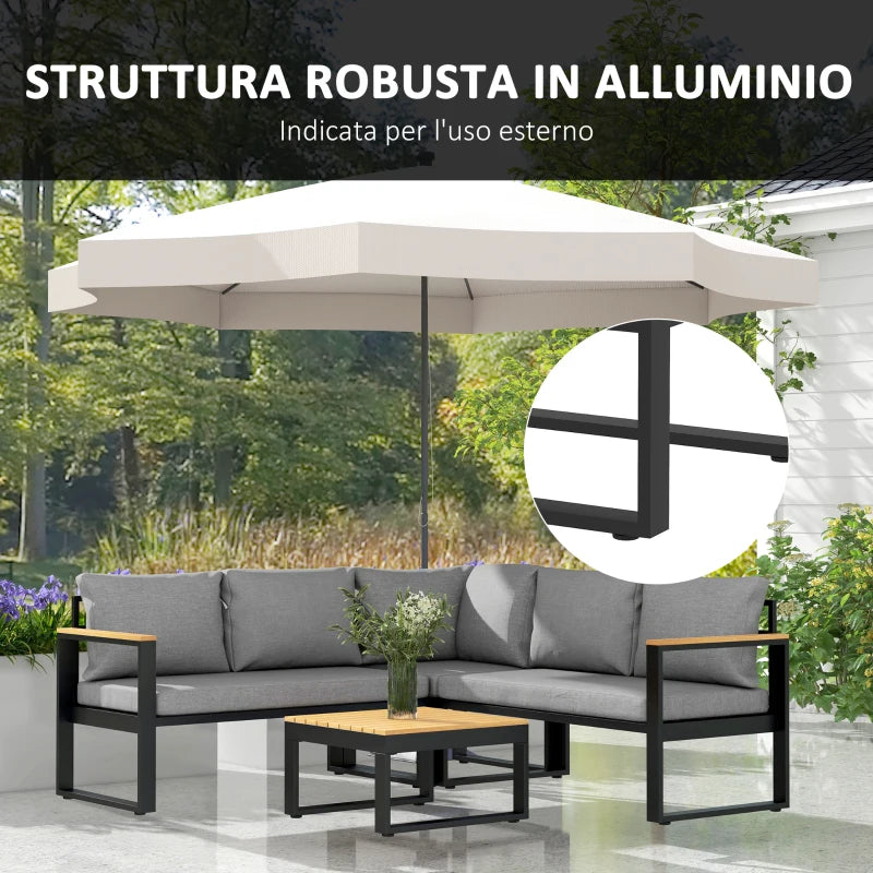 Outsunny Salotto da Giardino con Divano da Esterno, 2 Poltrone e Tavolino in Alluminio, Grigio