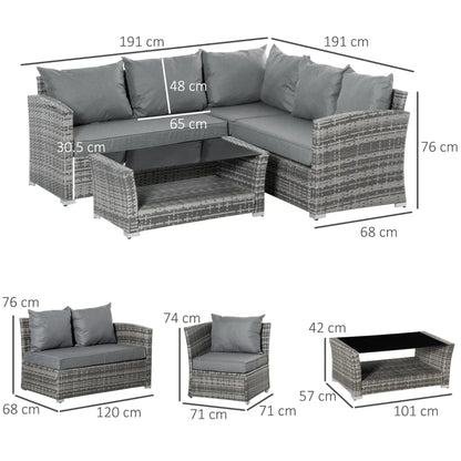 Outsunny Set Mobili da Giardino in Rattan PE da 4 Pezzi, Salotto con Divano Angolare e Tavolino con Vetro, Cuscini Imbottiti e Sfoderabili, Grigio