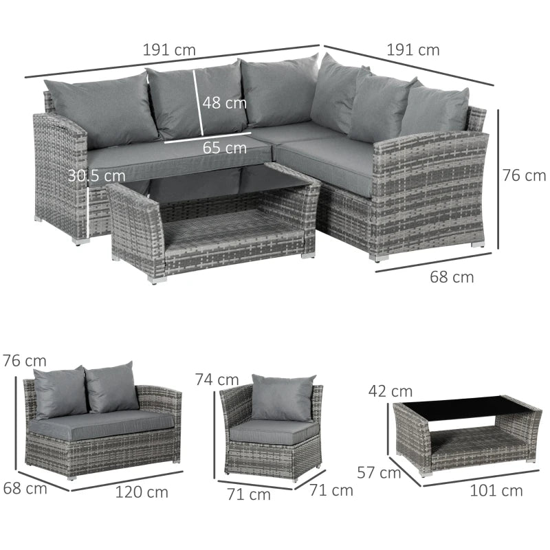 Outsunny Set Mobili da Giardino in Rattan PE da 4 Pezzi, Salotto con Divano Angolare e Tavolino con Vetro, Cuscini Imbottiti e Sfoderabili, Grigio