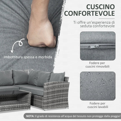 Outsunny Set Mobili da Giardino in Rattan PE da 4 Pezzi, Salotto con Divano Angolare e Tavolino con Vetro, Cuscini Imbottiti e Sfoderabili, Grigio