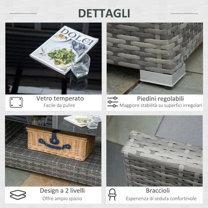 Outsunny Set Mobili da Giardino in Rattan PE da 4 Pezzi, Salotto con Divano Angolare e Tavolino con Vetro, Cuscini Imbottiti e Sfoderabili, Grigio