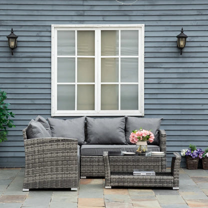 Outsunny Set Mobili da Giardino in Rattan PE da 4 Pezzi, Salotto con Divano Angolare e Tavolino con Vetro, Cuscini Imbottiti e Sfoderabili, Grigio
