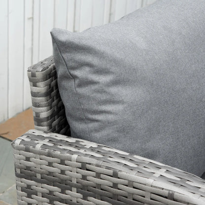 Outsunny Set Mobili da Giardino in Rattan PE da 4 Pezzi, Salotto con Divano Angolare e Tavolino con Vetro, Cuscini Imbottiti e Sfoderabili, Grigio
