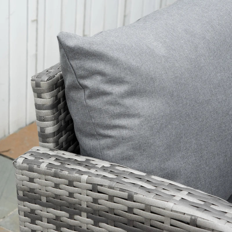 Outsunny Set Mobili da Giardino in Rattan PE da 4 Pezzi, Salotto con Divano Angolare e Tavolino con Vetro, Cuscini Imbottiti e Sfoderabili, Grigio