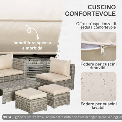 Outsunny Salotto da Giardino in Rattan PE da 8 Pezzi con Poltrone, Tavolini e Sgabelli, Beige