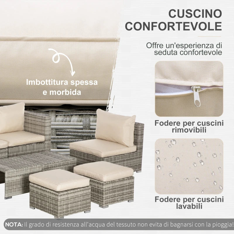 Outsunny Salotto da Giardino in Rattan PE da 8 Pezzi con Poltrone, Tavolini e Sgabelli, Beige