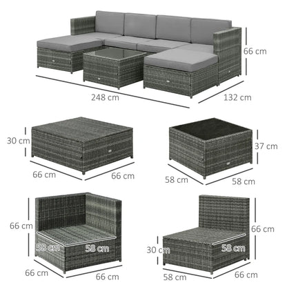 Outsunny Set da 7 Pezzi Salotto da Esterni in Rattan con Poltrona Pouf Tavolino Grigio
