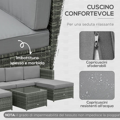 Outsunny Set da 7 Pezzi Salotto da Esterni in Rattan con Poltrona Pouf Tavolino Grigio