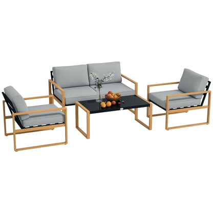 Outsunny Set da Giardino 4 Pezzi con 2 Poltrone, Divanetto e Tavolino, in Alluminio e Fibra, Grigio e color Legno