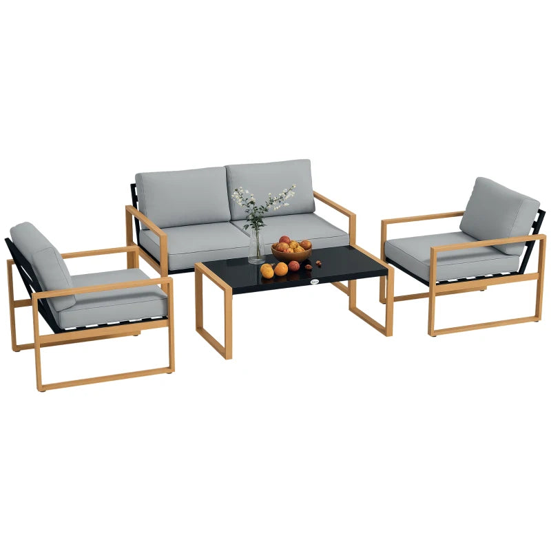 Outsunny Set da Giardino 4 Pezzi con 2 Poltrone, Divanetto e Tavolino, in Alluminio e Fibra, Grigio e color Legno