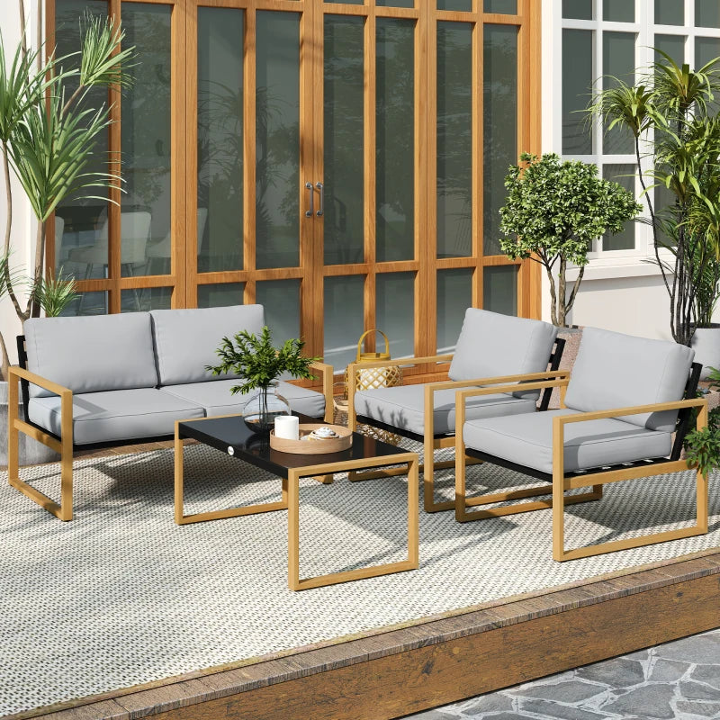 Outsunny Set da Giardino 4 Pezzi con 2 Poltrone, Divanetto e Tavolino, in Alluminio e Fibra, Grigio e color Legno