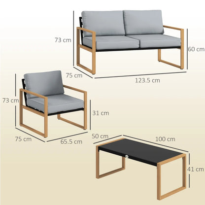 Outsunny Set da Giardino 4 Pezzi con 2 Poltrone, Divanetto e Tavolino, in Alluminio e Fibra, Grigio e color Legno