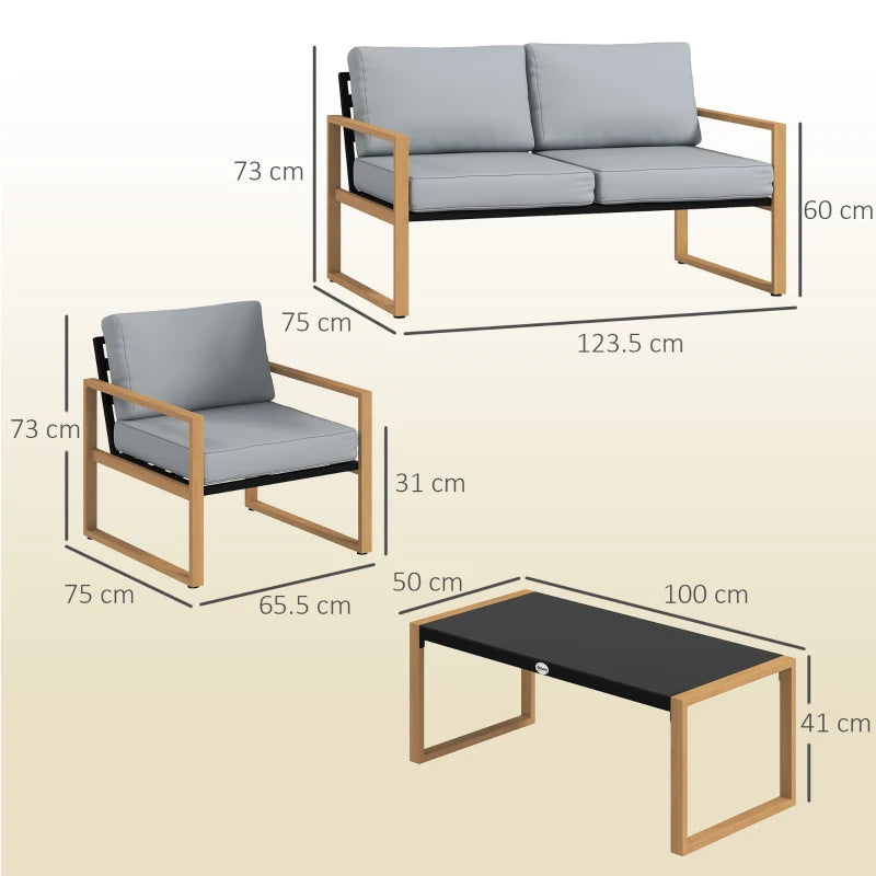 Outsunny Set da Giardino 4 Pezzi con 2 Poltrone, Divanetto e Tavolino, in Alluminio e Fibra, Grigio e color Legno