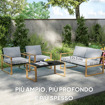 Outsunny Set da Giardino 4 Pezzi con 2 Poltrone, Divanetto e Tavolino, in Alluminio e Fibra, Grigio e color Legno