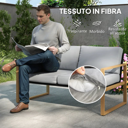 Outsunny Set da Giardino 4 Pezzi con 2 Poltrone, Divanetto e Tavolino, in Alluminio e Fibra, Grigio e color Legno