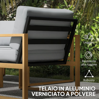 Outsunny Set da Giardino 4 Pezzi con 2 Poltrone, Divanetto e Tavolino, in Alluminio e Fibra, Grigio e color Legno