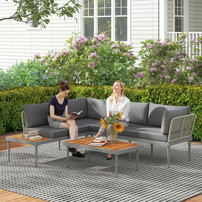 Outsunny Set da Esterno 3 Pezzi con 2 Divanetti 2 Posti e Tavolino Basso, in Rattan e Acciaio Grigio e color Legno