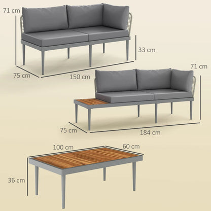 Outsunny Set da Esterno 3 Pezzi con 2 Divanetti 2 Posti e Tavolino Basso, in Rattan e Acciaio Grigio e color Legno