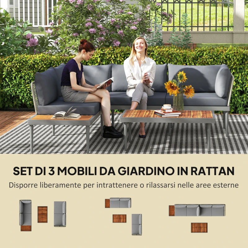 Outsunny Set da Esterno 3 Pezzi con 2 Divanetti 2 Posti e Tavolino Basso, in Rattan e Acciaio Grigio e color Legno