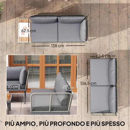 Outsunny Set da Esterno 3 Pezzi con 2 Divanetti 2 Posti e Tavolino Basso, in Rattan e Acciaio Grigio e color Legno