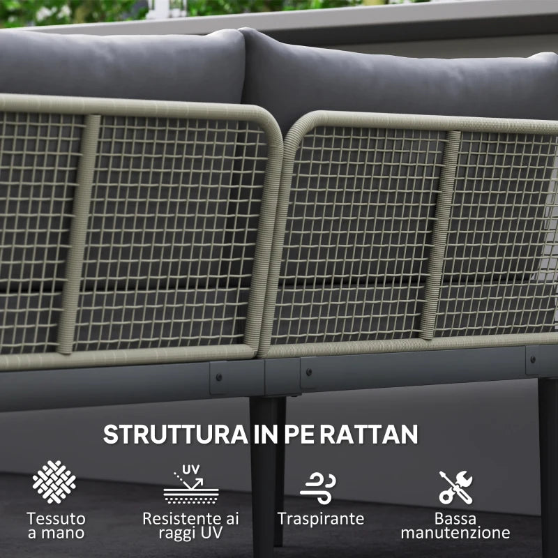 Outsunny Set da Esterno 3 Pezzi con 2 Divanetti 2 Posti e Tavolino Basso, in Rattan e Acciaio Grigio e color Legno