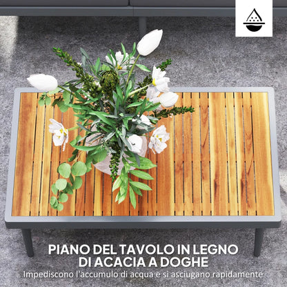 Outsunny Set da Esterno 3 Pezzi con 2 Divanetti 2 Posti e Tavolino Basso, in Rattan e Acciaio Grigio e color Legno