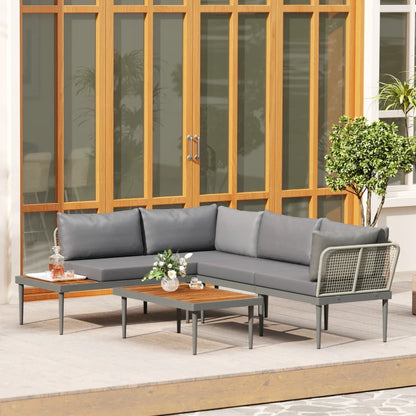 Outsunny Set da Esterno 3 Pezzi con 2 Divanetti 2 Posti e Tavolino Basso, in Rattan e Acciaio Grigio e color Legno