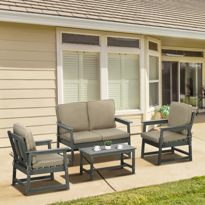 Outsunny Salotto da Giardino con Divanetto, 2 Poltrone e Tavolino in HDPE con Cuscini, Grigio Scuro