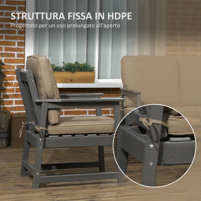 Outsunny Salotto da Giardino con Divanetto, 2 Poltrone e Tavolino in HDPE con Cuscini, Grigio Scuro