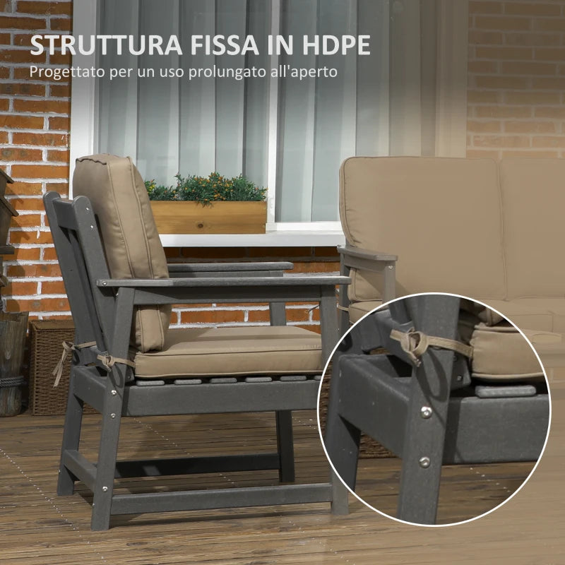 Outsunny Salotto da Giardino con Divanetto, 2 Poltrone e Tavolino in HDPE con Cuscini, Grigio Scuro