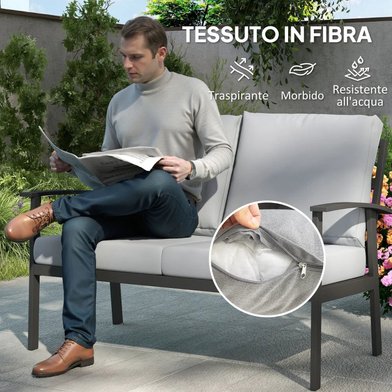 Outsunny Set da Giardino 4 Pezzi con 2 Poltroncine, Divano 2 Posti e Tavolino, in Alluminio e Fibra, Grigio Carbone