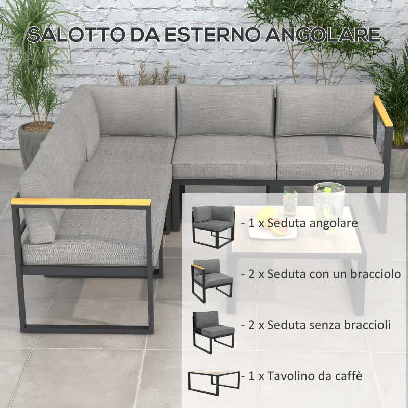 Outsunny Salotto da Giardino con Divano e Tavolino in Alluminio con Cuscini Imbottiti, Grigio
