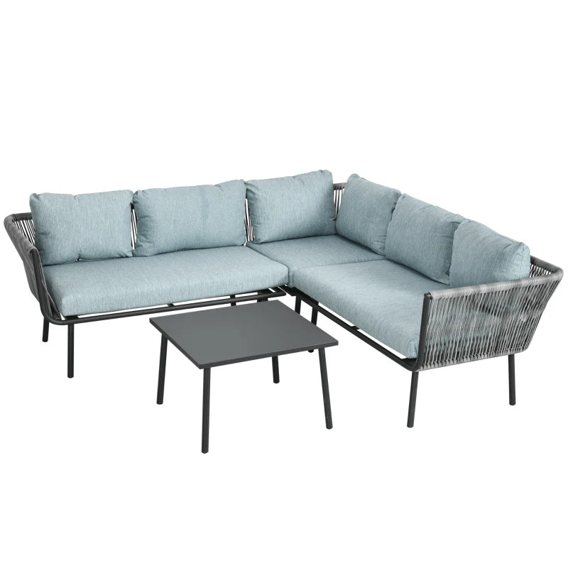Outsunny Set da Giardino 4 Pezzi in Rattan con Tavolino da Caffè, 2 Divani ad Angolo e Poltroncina, Nero Grigio e Blu