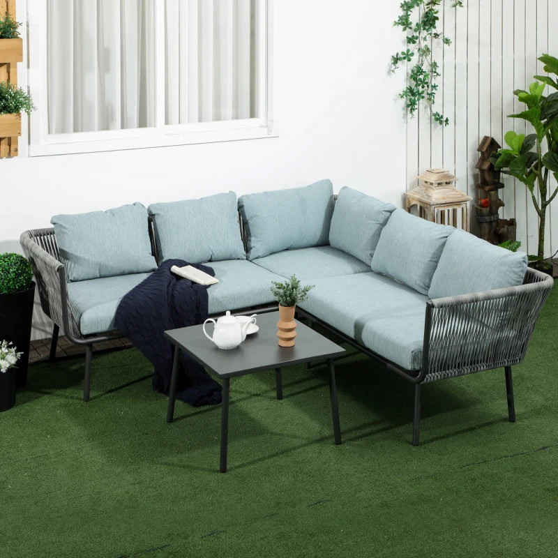 Outsunny Set da Giardino 4 Pezzi in Rattan con Tavolino da Caffè, 2 Divani ad Angolo e Poltroncina, Nero Grigio e Blu