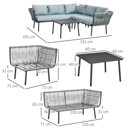 Outsunny Set da Giardino 4 Pezzi in Rattan con Tavolino da Caffè, 2 Divani ad Angolo e Poltroncina, Nero Grigio e Blu