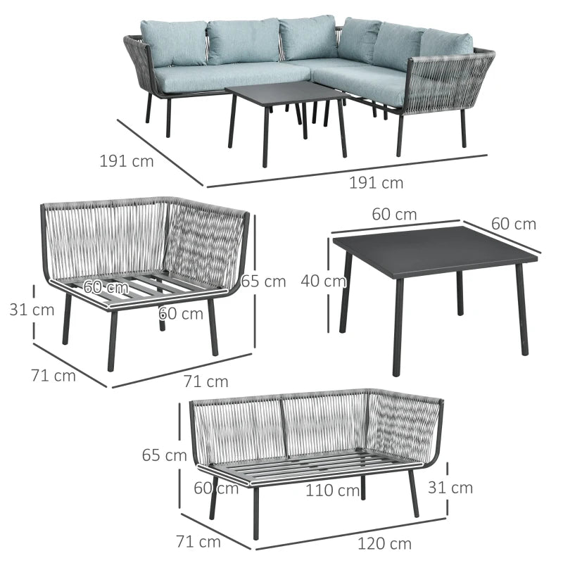 Outsunny Set da Giardino 4 Pezzi in Rattan con Tavolino da Caffè, 2 Divani ad Angolo e Poltroncina, Nero Grigio e Blu