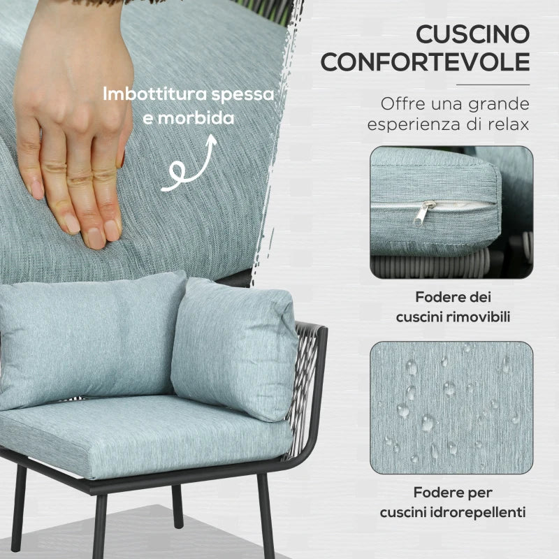 Outsunny Set da Giardino 4 Pezzi in Rattan con Tavolino da Caffè, 2 Divani ad Angolo e Poltroncina, Nero Grigio e Blu