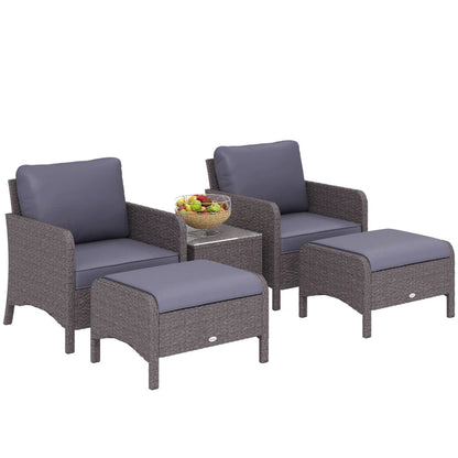 Outsunny Set Mobili da Giardino 2 Poltrone 2 Poggiapiedi 1 Tavolino in Vetro Temperato Rattan Grigio