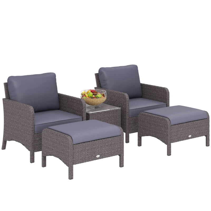 Outsunny Set Mobili da Giardino 2 Poltrone 2 Poggiapiedi 1 Tavolino in Vetro Temperato Rattan Grigio
