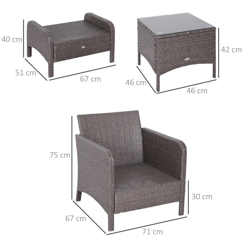 Outsunny Set Mobili da Giardino 2 Poltrone 2 Poggiapiedi 1 Tavolino in Vetro Temperato Rattan Grigio
