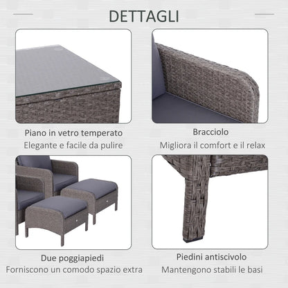 Outsunny Set Mobili da Giardino 2 Poltrone 2 Poggiapiedi 1 Tavolino in Vetro Temperato Rattan Grigio