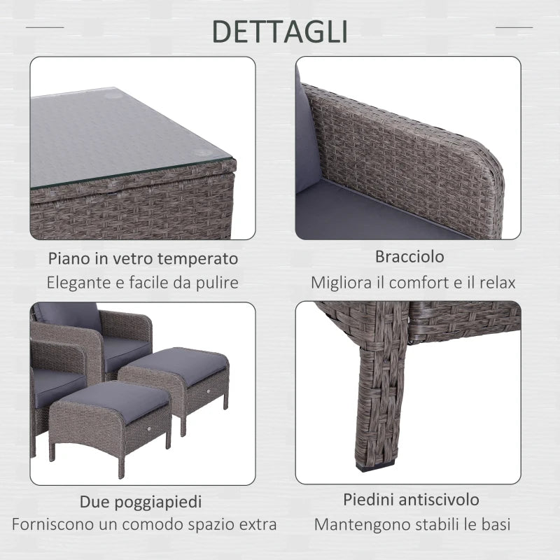 Outsunny Set Mobili da Giardino 2 Poltrone 2 Poggiapiedi 1 Tavolino in Vetro Temperato Rattan Grigio