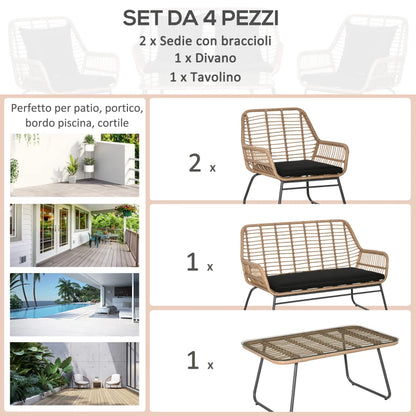 Outsunny Set Mobili da Giardino Stile Boho in Rattan PE con 2 Poltrone, Divanetto e Tavolino