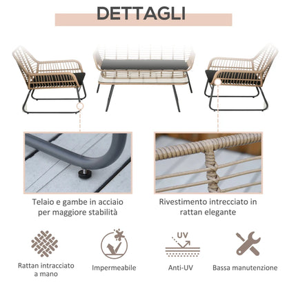 Outsunny Set Mobili da Giardino Stile Boho in Rattan PE con 2 Poltrone, Divanetto e Tavolino