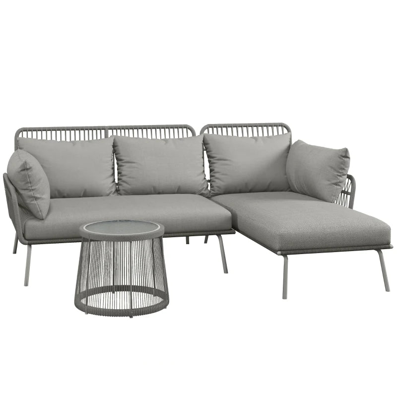 Outsunny Set da Giardino in Rattan PE Stile Boho, Divano 2 Posti con Chaise Longue e Tavolino, Grigio Chiaro
