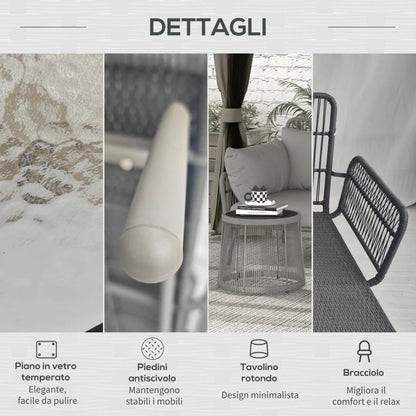 Outsunny Set da Giardino in Rattan PE Stile Boho, Divano 2 Posti con Chaise Longue e Tavolino, Grigio Chiaro